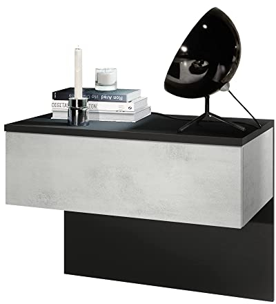 Vladon Nachttisch Sleep, Made in Germany, Nachttischschrank mit Schublade zur Wandmontage, Schwarz matt/Beton Oxid-Optik (60 x 46 x 35 cm)