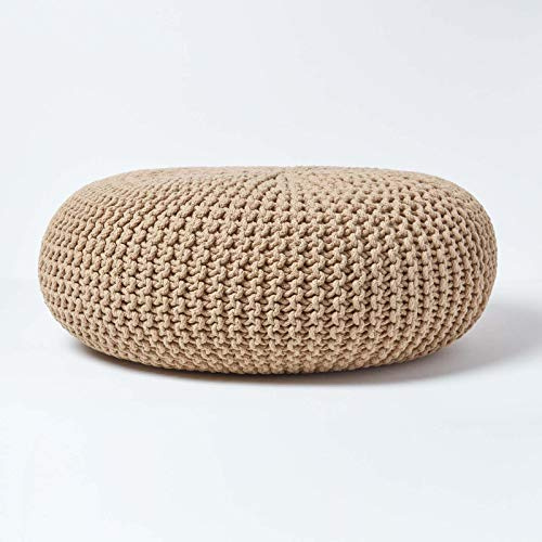 Homescapes cestino portaoggetti rotondo intrecciato in maglia bianco sporco 100% cotone, cotone, beige, Pouf Rond 70 x 23 cm