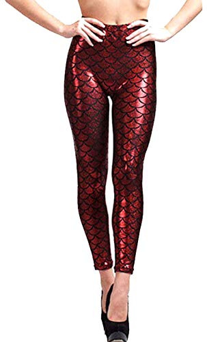 ER Traders Ltd Ladies Mermaid Leggings Metallic Fish Scale Skinny Fancy Dress Party Pants (Red, UK XXL)
