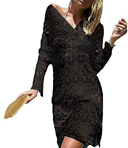 JFAN Strandtäckande kvinnor spetsskjorta sexig kaftan tunika baddräkt kvinnor v-hals bikini täcka upp sexig ihålig virkad spets blus topp, Svart, en storlek