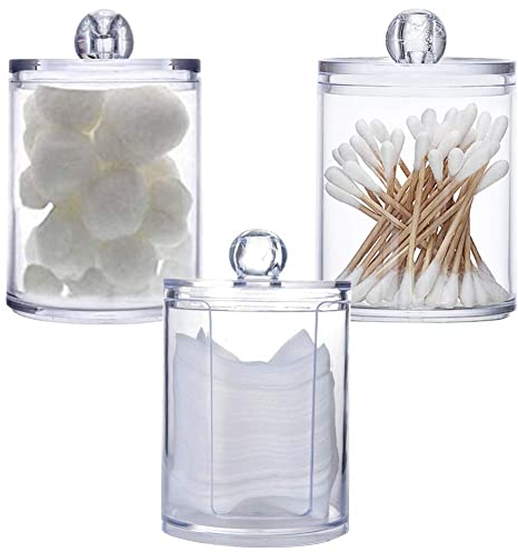 3Pcs Clear Acrylic Makeup Pads Container Organizer,Plastic Cotton Ball and Swab Holder with Lid Bathroom Jar Storage Beauty Makeup Organizer Storage for Cotton Balls,Swabs,Q-Tips,(Transparent)