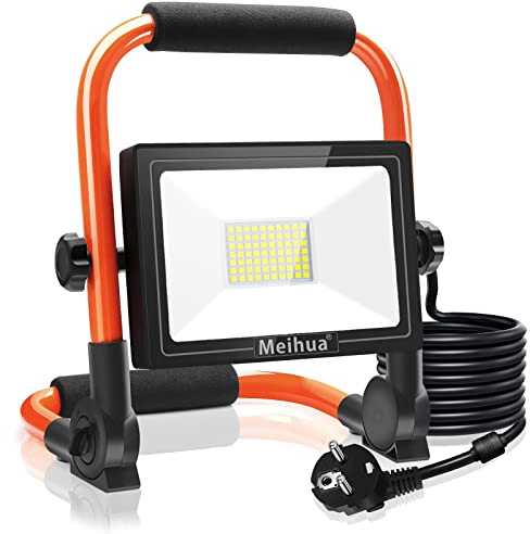 MEIHUA 60W Foco de Trabajo 5200LM 6500K IP66 Impermeable Foco LED Obras Portátil con Enchufe Soporte Plegable Cable de 3.5M 360°Giratorio Foco de Construcción para Obra, Taller, Garaje, Exterior