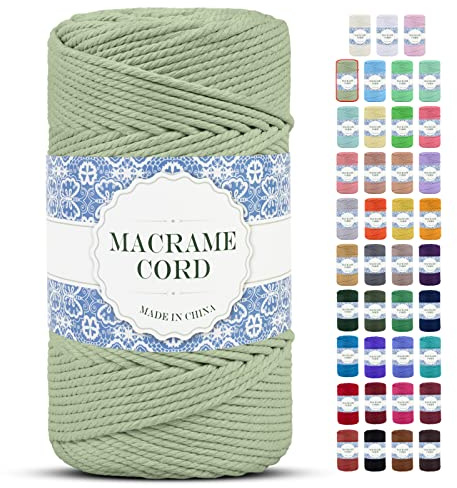 Uiopa Makramee Garn 4mm x 200m Natürliche Baumwollkordel Baumwollseil Baumwollgarn Baumwollschnur, Macrame Cord 4mm für DIY Basteln Stricken Wandbehang Pflanze Aufhänger Boho Deko (Bohnengrün)