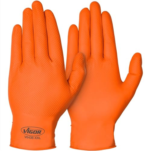 ViGOR Nitril Handschuhe V6436-XXL 90er Pack I ausgezeichente Haftung, Rutschfest auch im Umgang mit Öl, Fett, Chemikalien und Schmutz I Touchscreen Handschuhe I Farbe: Orange, Größe 11 (XXL)