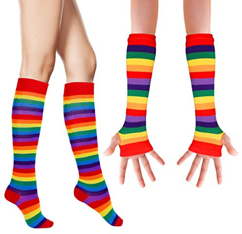 WLLHYF Arco Iris De Manga A Rayas Calcetines Conjunto Largo De Punto Sobre La Rodilla Medias Muslo Más Calientes Sin Dedos Elástico Cosplay Accesorios Halloween Navidad Año Nuevo Para Mujeres Niñas