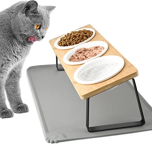 Lannvan Katzennapf Erhöht - 3er Set Futternapf aus Keramik mit Napfunterlage Silikon - 15° gekippte Futterstation Hundenapf - Fressnapf und Wassernapf für Katzen und kleine Hunde