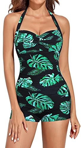 AmzBarley Womens Swimming Costumes 1-Piece Swimwear Tankini Bathing Suit Bikinis Halter Neck High Waist Tummy Control Ruched Boyleg Swimsuit Green L