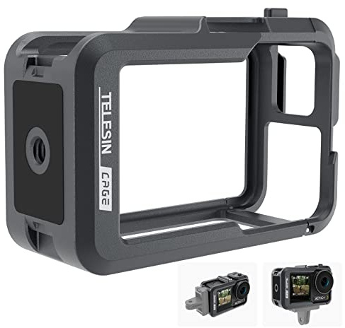 TELESIN Aluminum Case Metal Cage for DJI Action 5 Pro Action 4 Action 3 Camera Accessories Protective Frame Housing Fits with ND CPL Lens Filter on, Skeleton Sleeve with 1/4 Cold Shoe for Video Light