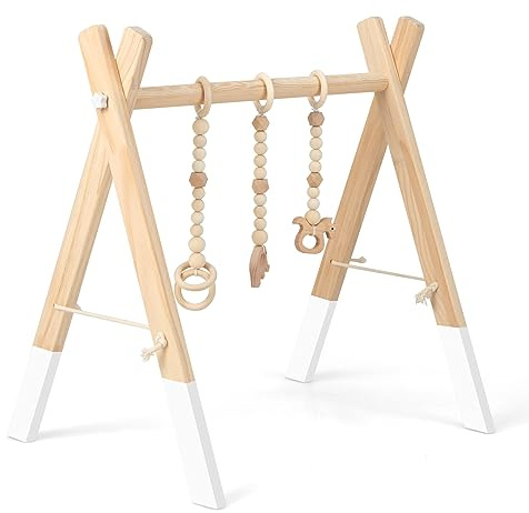 DREAMADE Spieltrapez aus Holz, Motorikspielzeug für Babys, Spielbogen mit 3 Spielzeugringe & 2 Kleinen Tiermodellen, Aktivitätszentrum mit Dreieckigen Struktur, für Kinderzimmer (Weiß)