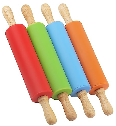 HAKZEON 4 Pack 11Inch/29cm Mini Rolling Pins, Silicone Rolling Pin with Wooden Handle, Non-Stick Rolling Pin for Pastry, Dough and Pizza (Orange, Red, Blue, Green)