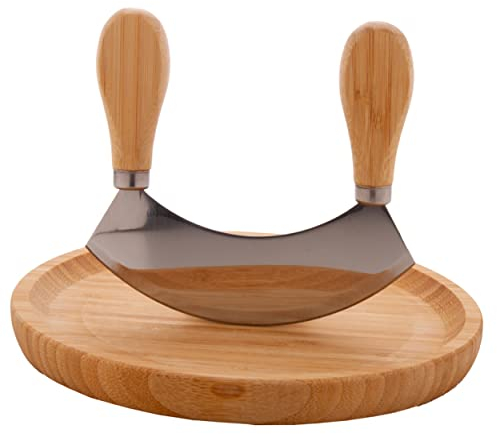 noTrash2003 Wiegemesser mit Brett - beidhändiges Kräutermesser mit Holzgriffen und einschneidiger Klinge für Kräuter und Gewürze mit Holzteller mit Mulde