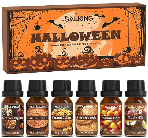 SALKING Oli Essenziali Halloween per Diffusori 6x10ml, Set di Olio Essenziale Puri per Aromaterapia - Torta di Zucca, Mele Caramellate, Mais Candito, Biscotti alla Cannella, Popcorn, Sidro di Mele