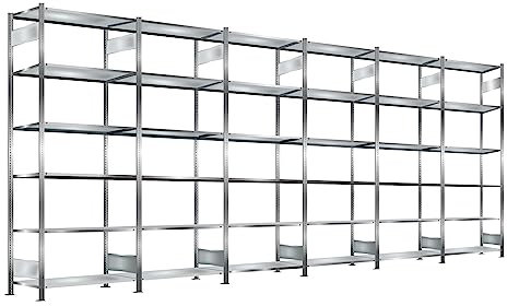 Steckregal, verzinkt, Breite 6 m, Höhe 2,5 m, Tiefe 0,8 m, 6 Böden, Fachlast 330 kg, beidseitig
