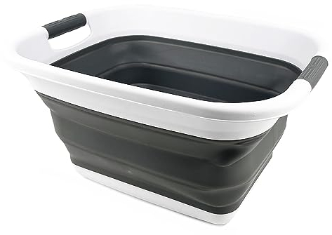 SAMMART 25L zusammenklappbarer Wäschekorb/Wäschewanne–faltbarer Aufbewahrungsbehälter/Organizer–tragbarer Wäschebehälter – platzsparender Wäschekorb (Weiß/Stahlgrau)