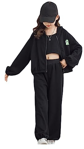 YFPICO Kinder Mädchen Jogginganzug Sportswear 3-teiliges Sportset Jacke Sporthose Sweatshirt Bottom Jogging Suit, Schwarz, 134-140