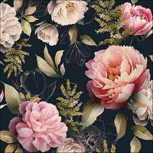 Lot de 20 serviettes en papier Ambiente « Pivoines Composition Noir » Décoration de table vintage avec motif également pour fête ou découpage 33 x 33 cm