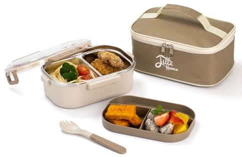 Lille Home Boîte à déjeuner Bento en acier inoxydable avec compartiment Tiffin 920ml- Boîte à déjeuner avec sac à déjeuner et ustensiles