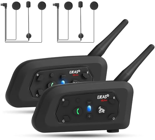 EJEAS V6 Pro+ Motorcycle Helmet Bluetooth Intercom, Upgraded Bluetooth 5.1 Motorbike Riding Communication System with Type-C Interface for 6 People Connected & 2 People Intercom (2 Pack)