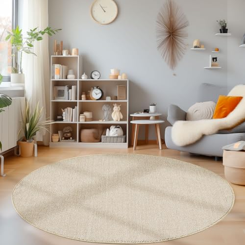 HomebyHome Langlebiger Cut-Loop Teppich - Beige 120 cm Rund - Kurzflor Schlingenteppich für Wohnzimmer, Schlafzimmer, Küche - Dekorativer Melierter Struktur Einfarbig