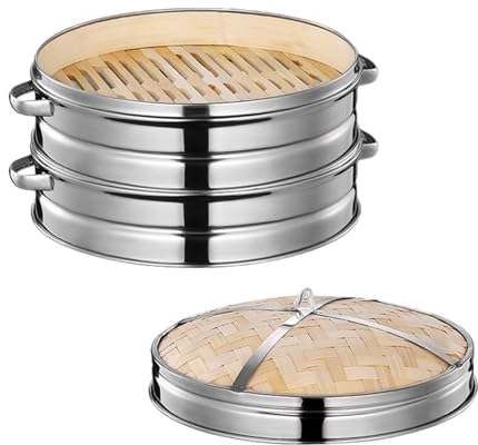 Soulnioi Cuiseur vapeur en bambou de 26 cm, à deux niveaux avec couvercle, idéal pour la cuisine asiatique, les petits pains, les boulettes, les légumes, le poisson