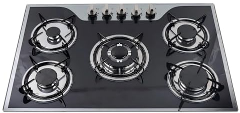 Cuisinière à Gaz,Table de Cuisson à Gaz Encastrable 5 Brûleurs Triple Couronne Gpl ou Naturel Panneau Verre Trempé 8mm Pour Fentes Montage 73x47cm