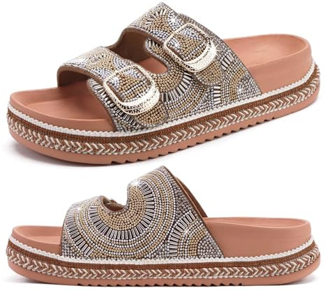 KuaiLu Womens Bling Sandals with Arch Support Orthopedic Cushion Recovery Slides Summer Fashion Sparkly Rhinestones Sandals Casual Slip On Plantar Fasciitis Slippers for Indoor& Outdoor Khaki Size 8