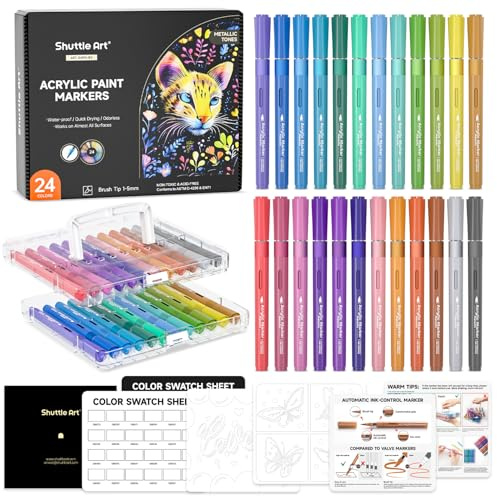 Shuttle Art Rotuladores Acrílicos con Tinta de Control Automático, 24 Colores Metálicos, Punta Pincel, para Niño y Adulto, para Pintar Piedras DIY