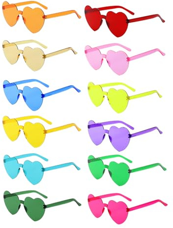 BIRDDIE Lot de 12/24/36 Lunettes de Soleil Cœur Coloré Lunette de Soleil Plastique Hippie Rétro Transparentes Multicolores Lunettes sans Monture pour Carnaval Fête Anniversaire
