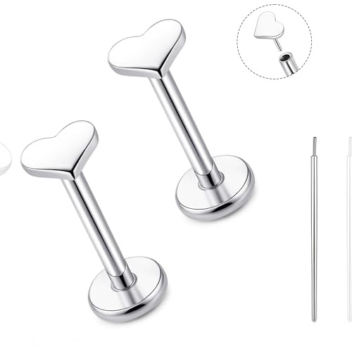 limerencia Titanium Threadless Flat Back Earrings Stud, 20G Press Fit Titanium Push Pop in Cartilage Tragus Labret Lip Medusa Conch Body Piercing Jewelry Hypoallergenic for Women Men(Heart Silver)