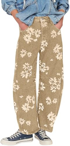 loveimgs Women Y2k Distressed Barrel Jeans Baggy Wide Leg Jeans Floral Printed Boyfriend Patchwork Denim Pants (Medium,Khaki)