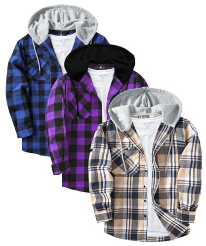 JACKETOWN Camicia da Boscaiolo da Uomo Flanella con Cappuccio a Maniche Lunghe Quadri da Uomo Camicia Casual Vintage a Quadri con Bottoni Giacca con Tasca Confezione da 3 M-3XL