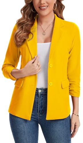 MINTLIMIT Womens Blazer Notched Collar Suit Jacket 3/4 Sleeve Blazers Button Jackets with Pockets Boyfriend (Yellow S)