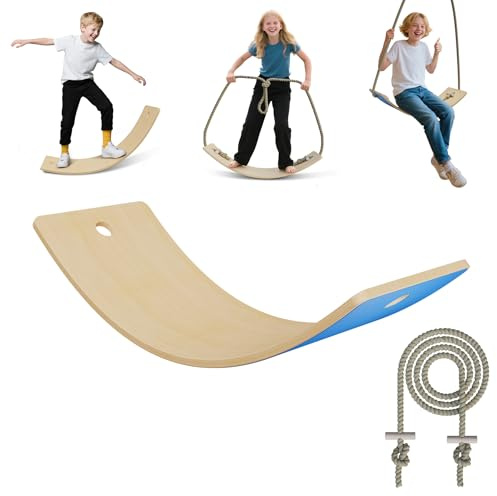 Froadp Balansbräda av trä med extra långt 3 m rep | vingla bräda för barn från 3 år och vuxna | Träleksaker upp till 100 kg | 82 x 30 x 19 cm balanseringsbräda med halkfria EVA-mattor | blå
