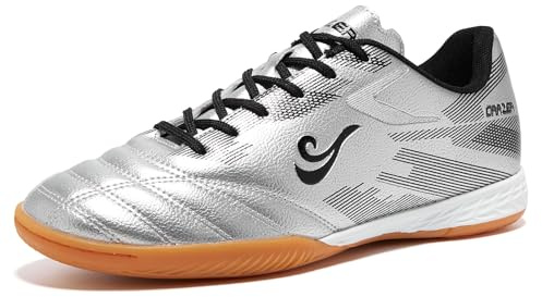 ORRZER Men's Indoor Soccer Shoes for Futsal Sports Women's Trainer Athletic Flat Outsole Training Rubber Sneaker Silver/Black