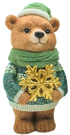 Dekohelden24 Orso decorativo, statuetta natalizia, statuetta di orso, decorazione di orsetto marrone, figura di Natale, figura invernale con sciarpa e fiocco di neve dorato nella mano in ceramica, in