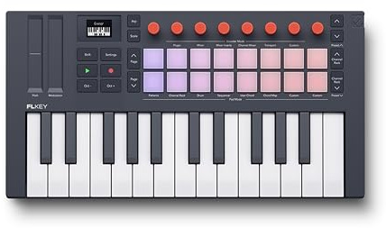 Novation FLkey 2 Mini 25 — Teclado controlador MIDI de 25 miniteclas para empezar con FL Studio, con USB, tiras de tono y modulación, 16 pads de percusión y arpegiador. Incluye 6 meses de FL Studio