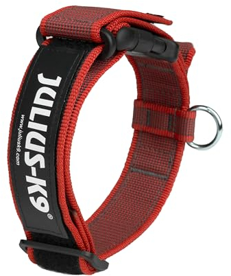 JULIUS-K9, 100HA-K-R-2015 Color & Gray K9-Halsband mit Haltegriff, Sicherheitsverschluss und Logo, 40 mm*38-53 cm, verstellbar, rot-grau