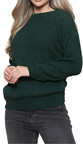 Crazy Girls Womens Ladies Baggy Long Sleeve Knitted Plain Chunky Top Sweater Jumper S-XL (16-18, Bottle Green)
