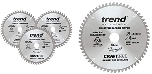 Trend CSB/165/3PK/A Craft Pro Triple Pack of TCT Blades, 165mm x 48 Teeth x 20mm Bore & CSB/CC21660 Craft Pro Negative Hook Crosscutting TCT Circular Blade, 216mm x 60 Teeth x 30 Bore