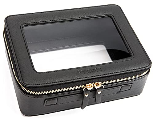 Aveniee Clear Makeup Bag Organizer, Portable Travel Toiletry Cosmetic Bag Case for Women, Heavy Duty Clear Pouch with zipper with Transparent Vinyl Windows & Gold Zippers(Black)