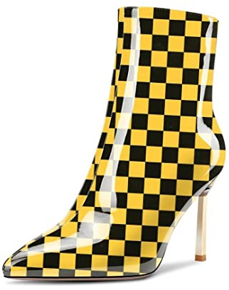 Saekcted Femmes Aiguille Haut High Talon Heel Pointu Bout Bottines Slip-on Fermeture à Glissière Party Dress 8.5 CM Heels Jaune Multicolore 43 EU