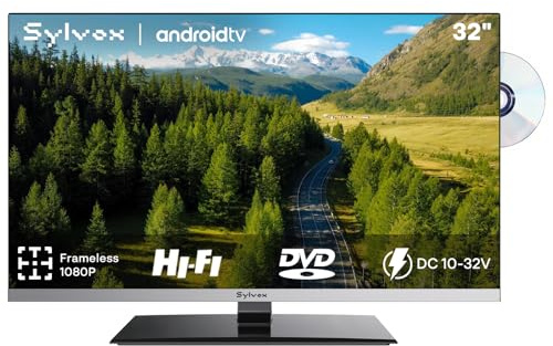 SYLVOX Smart TV HD 32 (81cm) Android Televisori 1080P | Lettore DVD integrato - Adattatore 9/12/32/220 Volt, Triple Tuner DVB-S2/T2, HDMI, USB, Ideale per Roulotte, Camper, Caravans, Camion