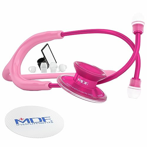 MDF Instruments, Acoustica Lightweight Stethoscope for Doctors, Nurses, Students, Home Health Use, Adult, Dual Head, Pink Tube, Pink Alloy Chestpiece-Headset, MDF747XPPA01