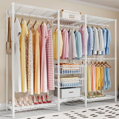 Uptyia Armario Abierto para Ropa, Burro de Ropa Resistente con Estantes, Perchero de Pie Metálico para Dormitorio o Vestidor, Blanco, 182x155x40cm