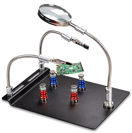 Troisième Main de Soudure, Accessoire de Modélisme Magnétique Avec Loupe et 4 Poteaux Magnétiques, Outil de Support de Circuit Imprimé, Plaque de Base en Métal, Bras d'Aide Aux Mains