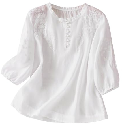 HAOLEI Donna Camicia Casual in Lino Elegante Curvy Manica Corta Scollo A V Camicetta Ricamati Blusa Sexy Traspirante Maglietta Casuale Estivo Vintage Lino T-Shirt 2024 Offerte Lampo Maglietta