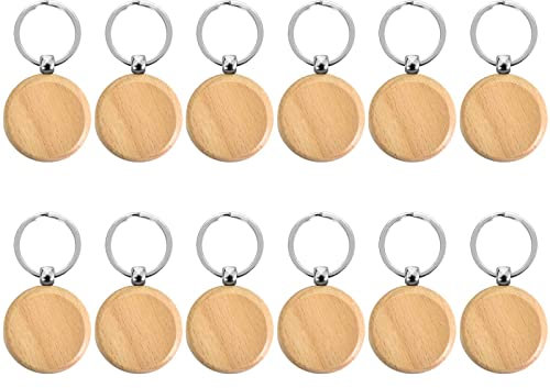 Dokeno 12 stycken runda trä nyckelringar rå gravering skrivbar nyckelring trä berlocker med metall nyckelring tränyckel namnskylt för gör-det-själv hantverk present, Träfärg, 4 x 4 cm