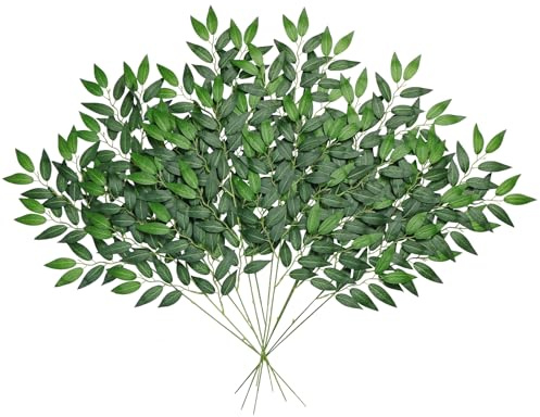 DEMIUKO 12PCS Artificial Foliage Stems Faux Greenery Leaves Branches 25in Artificial Plants Indoor Silk Leaves Twigs Fake Willow Stems for Wreath Crafting Flower Arrangment Home Wedding Office Decor