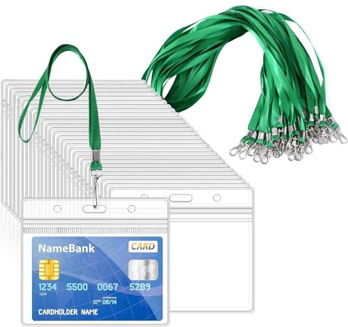 50pcs Green Lanyards for Neck with Clear Plastic ID Card Holders | Horizontal Sealable Waterproof Name Badge Holders with Nylon Lanyard for ID Cards Office School Bus Passes Doctors Visitors