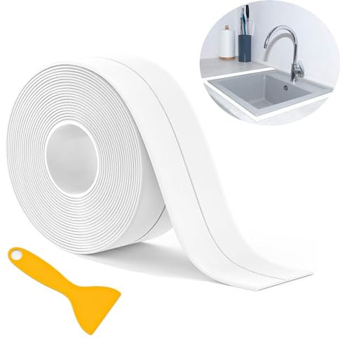 11ft Self-Adhesive Sealant Tape, White Waterproof Bath Caulk Strip Sealant Strip, Simple Seal Tape for Kitchen, Bathroom, Toilet, Bathtub, Sink, Wall Corner, with Sealing Tool (1 Roll)